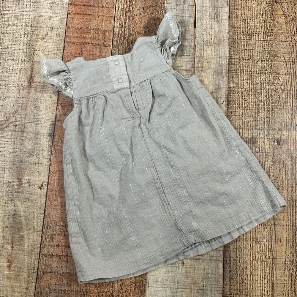 Gymboree 3-6M Gray Cotton Gauze Dress Good Day Gray Embroidered Flutter Sleeve